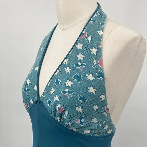Vintage 70s Halter Dress Floral Pattern Triangle Bodice Teal Blue Pink Womens XS - Picture 6 of 10